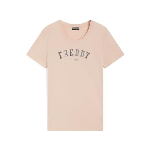 FREDDY - t-shirt girocollo in jersey con stampa college glitter, donna, bianco, large