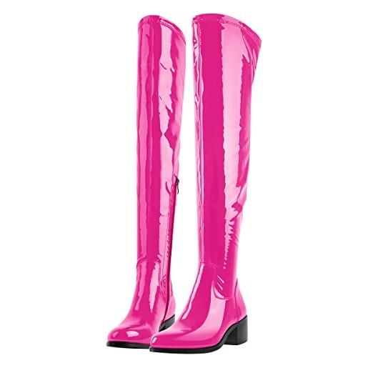 MissHeel stivali elastici con gambo lungo sopra il ginocchio tacco a blocco vernice, colore: rosa. , 40 eu