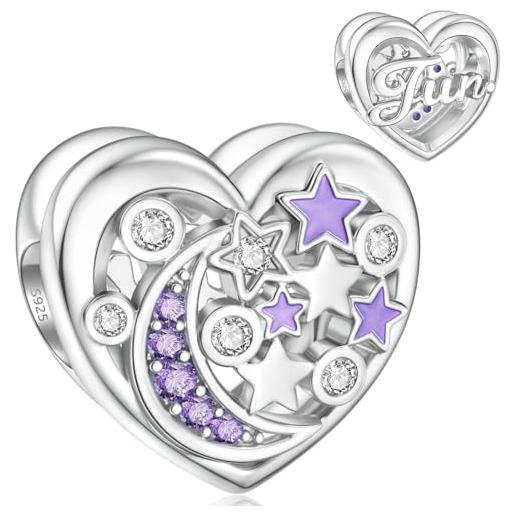 SEVENWELL charm con pietra portafortuna per pandora charm in argento sterling 925, con luna e stella, cuore, zirconia cubica
