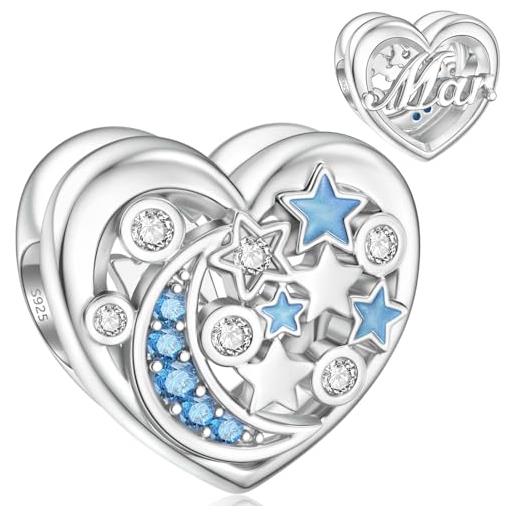 SEVENWELL ciondolo in argento sterling 925 a forma di luna e stella, a forma di cuore, con pietra portafortuna, argento sterling, zirconia cubica