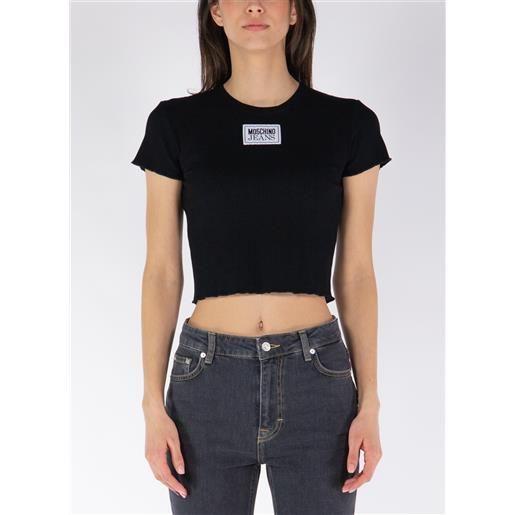 MOSCHINO JEANS top cropped in viscosa con patch logo donna