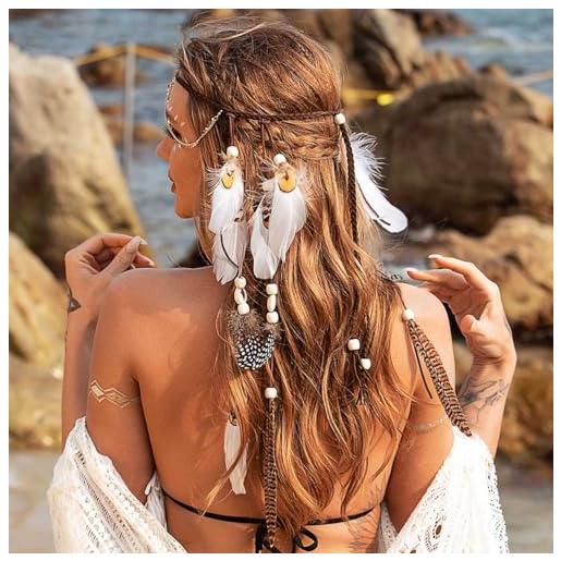 Zoestar boho fascia per capelli con piume paillettes dorate catene per la testa cristallo hippie indiano copricapo festival accessori per capelli tribali per donne e ragazze