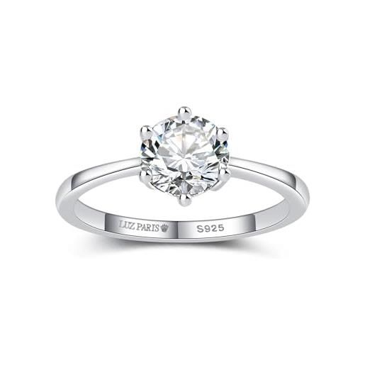 LUZ PARIS - anello da donna in argento sterling 925 solitario, composto da uno zircone bianco a forma rotonda, ben fissato da 6 artigli - (dimensioni da 10 a 20), rodio su argento 925, argento