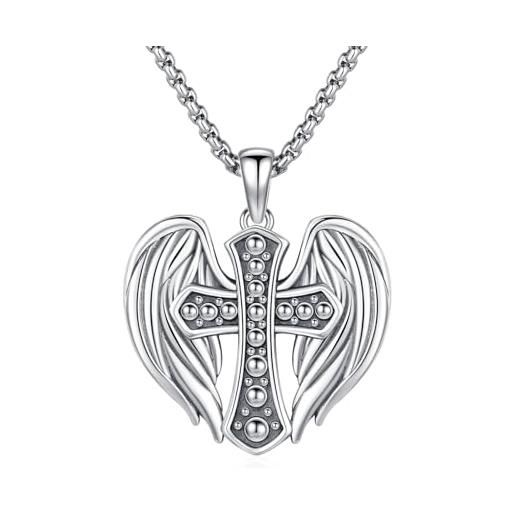 REDSUN collana con ali d'angelo, in argento sterling 925, stile retrò, a forma di croce con angelo custode, ciondolo a forma di ali di amuleto, idea regalo per uomo, figlio e donna, unisex, argento