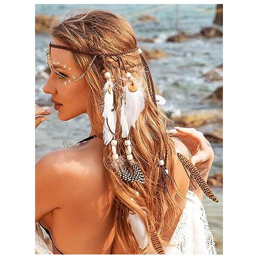 Yean boho fasce di piume copricapo con nappe e paillettes copricapo di piume indiane catena per capelli con strass accessori per capelli rave per donne e ragazze