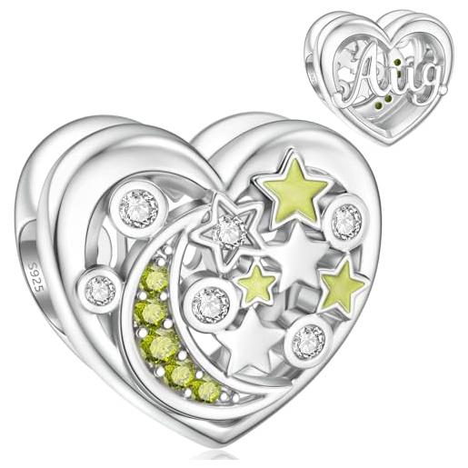 SEVENWELL ciondolo in argento sterling 925 a forma di luna e stella, a forma di cuore, con pietra portafortuna, argento sterling, zirconia cubica