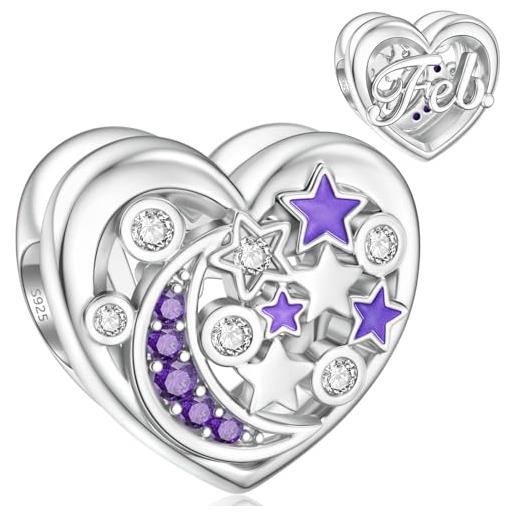 SEVENWELL charm con pietra portafortuna per pandora charm in argento sterling 925, con luna e stella, cuore, zirconia cubica