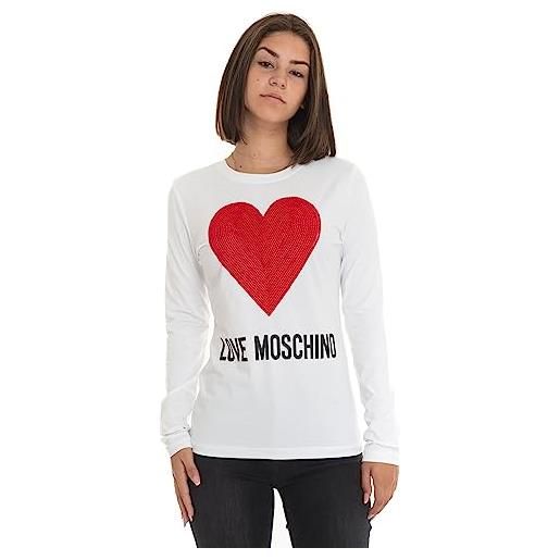 Love Moschino vestibilità aderente a maniche lunghe con maxi cuore, cuciture ricamate e logo water print t-shirt, bianco, 48 donna