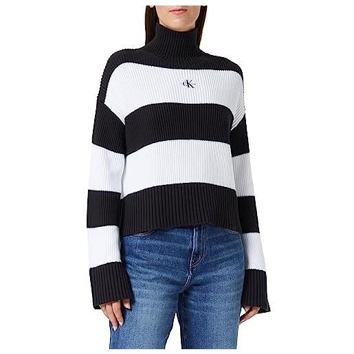 Calvin Klein Jeans pullover donna label chunky collo alto, multicolore (ck black/bright white stripes), l