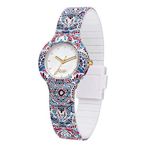 HIP HOP orologio solo tempo mandala, orologio donna bianco con stampa mandala blu e rosso e cinturino in silicone morbido resistente all'acqua hwu1040
