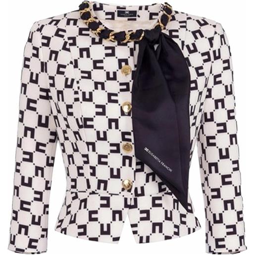 Elisabetta franchi giacca in crêpe stampa logo con catena foulard colore burro/nero
