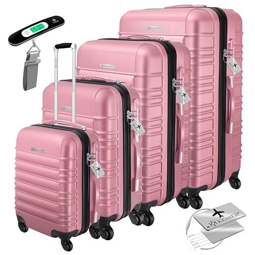 KESSER® - set di 4 valigie rigide a rotelle, con copertura rigida, 4 ruote in acrilonitrile butadiene stirene (abs), manico telescopico, misure s-m-l-xl, colore: rosa. , s-m-l-xl
