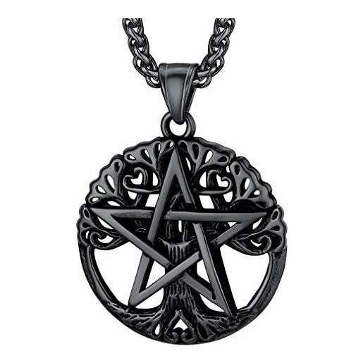 FaithHeart collana uomo di pentagramma albero della vita ciondolo traforato lucidato liscio amuleto talismano in argento nero oro regalo compleanno