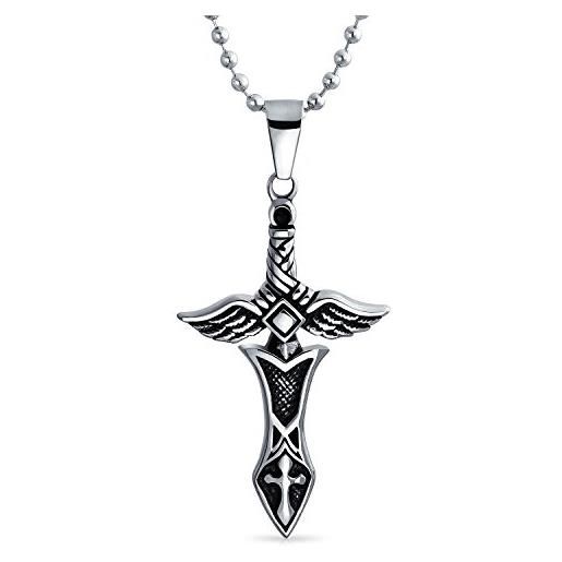 Bling Jewelry gioielli da motociclista collana con ciondolo a croce con spada reale e ali d'angelo per uomini in acciaio inossidabile nero ossidato di tonalità argento