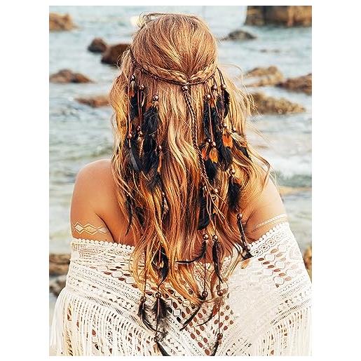 Reaky runmi - fascia per capelli con piume, stile bohémien, con piume, accessorio per capelli da donna