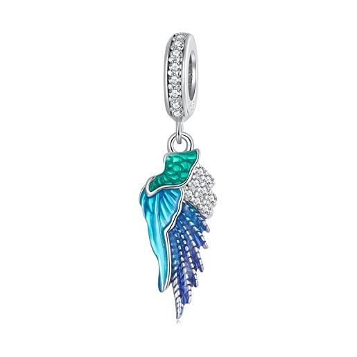 YASHUO Jewellery ciondolo a forma di cuore alato in vero argento sterling 925 con piume d'angelo, per braccialetti da donna (ciondolo con ala d'angelo)
