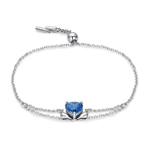 JewelryPalace 1.5ct bracciale cuore blu donna argento 925 con cubic zirconia, ali d'angelo braccialetto a catena donna con pietra a taglio cuore, bracciali regolabili in argento set gioielli donna