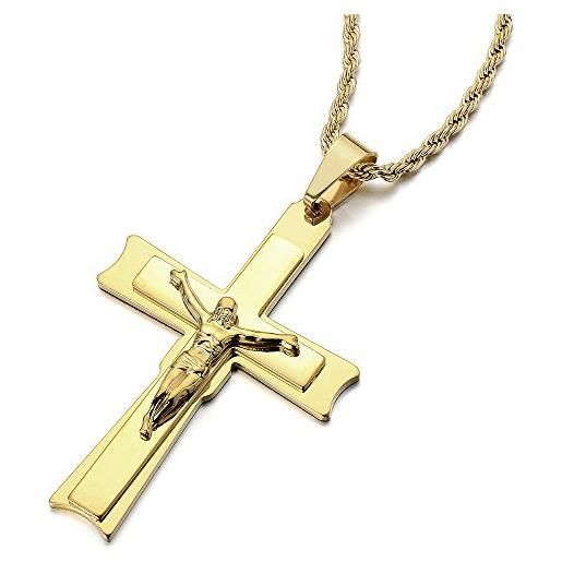COOLSTEELANDBEYOND oro colore gesù cristo crocifisso croce, ciondolo croce, collana con pendente da uomo, acciaio inossidabile, catena 75cm
