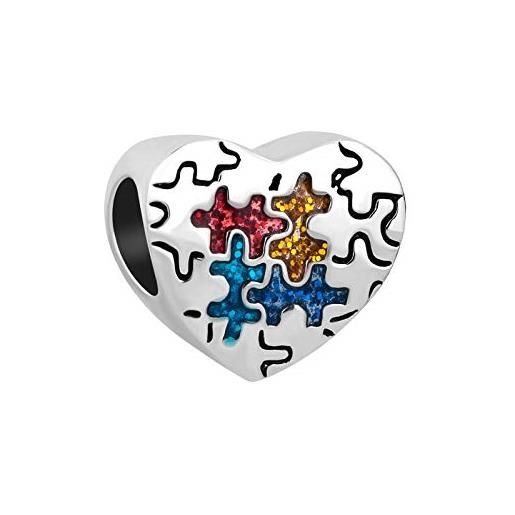 FGT ciondolo a forma di cuore con puzzle per la consapevolezza dell'autismo da donna per bracciali, collane, ciondoli compatibile con braccialetti pandora, zirconia cubica, nessuna pietra preziosa