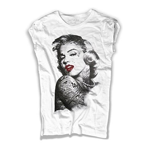 3styler t-shirt donna bianca marilyn monroe tatuata - marilyn tattooed - linea collection - cotone fiammato (slub) 150 gr/mq (l, bianco)
