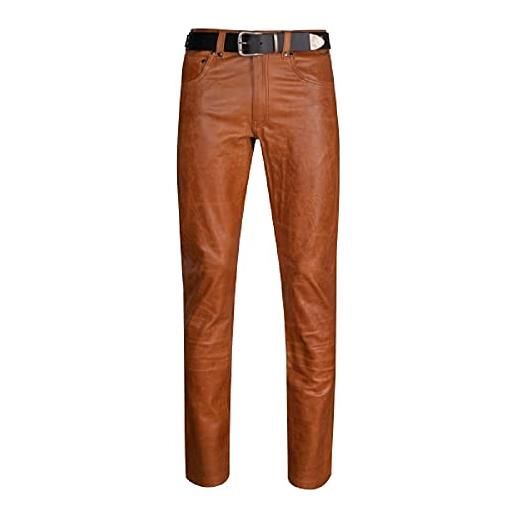 JACKETZONE pantaloni da uomo in pelle marrone medio | pantaloni caldi in pelle da motociclista jeans antichi, marrone medio - pantaloni in vera pelle, l
