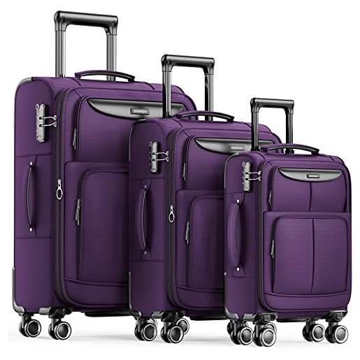 SHOWKOO set valige morbide 3 pezzi espandibile cabina valigia da viaggio trolley di stoffa leggero ultra durevole con lucchetto tsa e 4 ruote doppie (m-l-xl, viola)