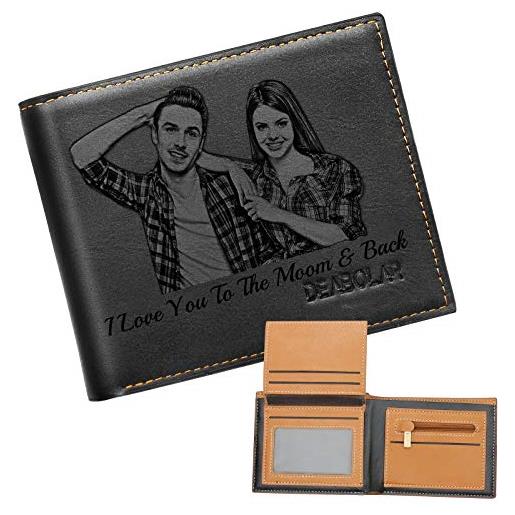 SeeWeLove portafoglio personalizzato con foto, incisione portafoglio con catena pelle uomo, personalizzata portafoglio regali per papà, personalizzati portafoglio a tre ante (nero)
