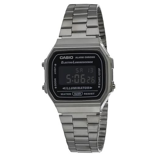 Casio a168wgg-1bdf (d182) - orologio digitale vintage in acciaio inox, quadrante nero, cinturino grigio, unisex, nero e grigio, 38.6×36.3×9.6mm, catena