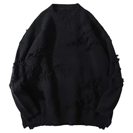 MORISTE maglione vintage hip hop uomini abbigliamento streetwear pullover maglione strappato puro foro di colore lana maglieria top, nero , m