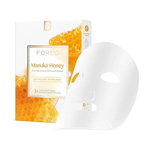 Foreo manuka honey, maschera in tessuto per pelle stanca e spenta, confezione da 3, anti-età, nutriente, lenitiva, miele di manuka e allantoina, naturale e cruelty free, per dispositivi ufo