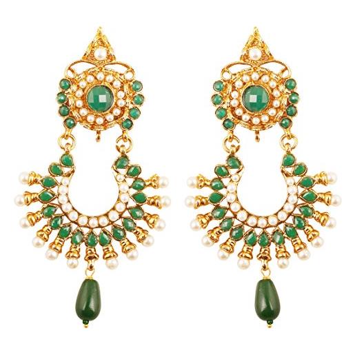 Touchstone ricchi gioielli tempestati ispirati ad ampi orecchini da sposa jhumki dall'aspetto magico lungo tempestati di perle finte e smeraldi finti per donna verde