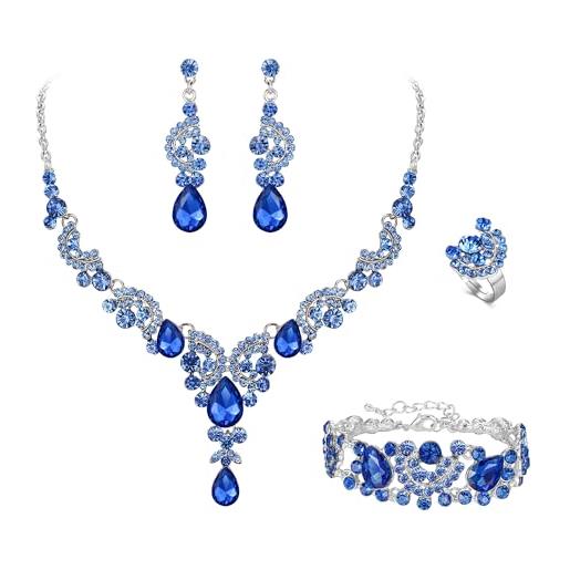 EVER FAITH set di orecchini a goccia di strass di cristallo nozze fiore albero, cristallo, 4 pezzi_azzurro tono argento