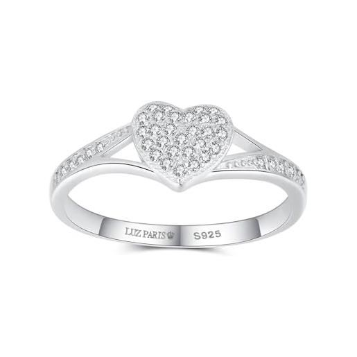 LUZ PARIS - anello da donna in argento sterling 925 a forma di cuore, composto da 28 zirconi bianchi + 6 zirconi bianchi su entrambi i lati - (dimensioni da 10 a 20), rodio su argento 925, argento