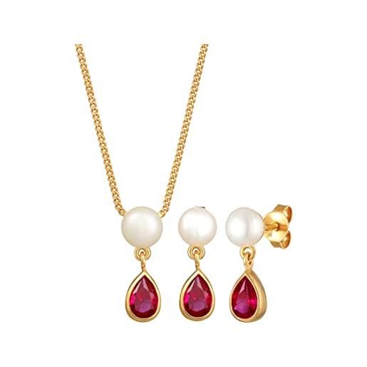 Elli set di gioielli donne ciondolo goccia set pendenti con perle coltivata d'acqua dolce e rubini sintetici. In argento sterlino 925 placcato oro