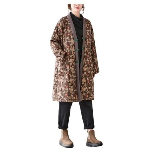LCDIUDIU cappotti invernali da donna giacca kimono lunga trapuntata allentata, trench con scollo a v marrone vintage con stampa fiori di pruno trench cappotto casual in cotone caldo e lino capispalla con tasc