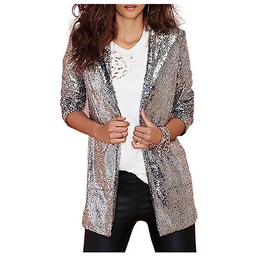 CCOOfhhc blazer - giacca da donna con paillette, con paillette, con colletto a risvolto leggero, per discoteca, aperto, con paillettes, argento, xl