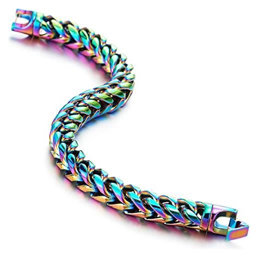 COOLSTEELANDBEYOND bracciale minimalista in acciaio ossidato arcobaleno franco link curb chain per uomo e donna, rock punk