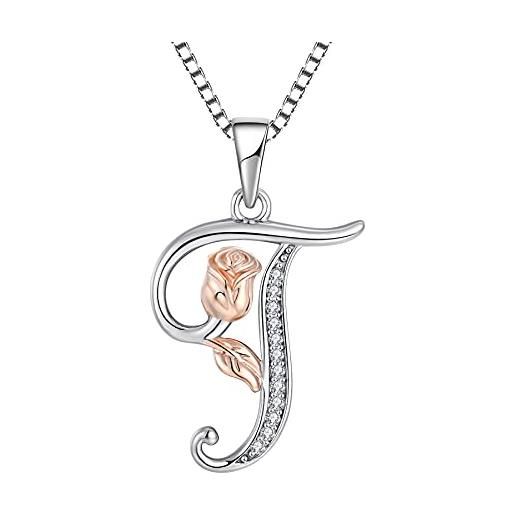 Starchenie collana alfabeto con rose collana lettera t ciondolo zirconi collana in argento 925 da donna