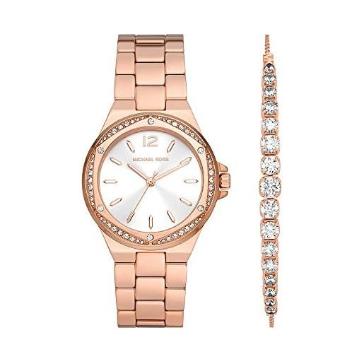 Michael Kors orologio da donna lennox, movimento a tre lancette, cassa in acciaio inossidabile oro rosa da 44 mm con bracciale in acciaio inossidabile, mk1053set, set in oro rosa