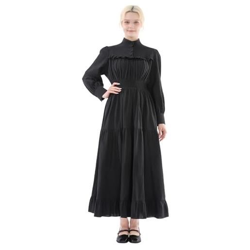 FCCAM abito vittoriano a maniche lunghe abito da donna abito nero medievale abiti da donna abito in cotone, nero , s