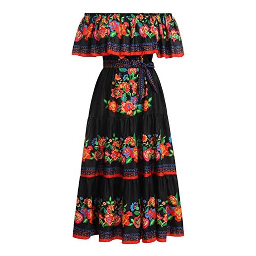 IMEKIS abito messicano da donna con stampa floreale, abito lungo con stampa floreale, abito estivo, in stile boho, per le vacanze, per halloween, carnevale, nero , m