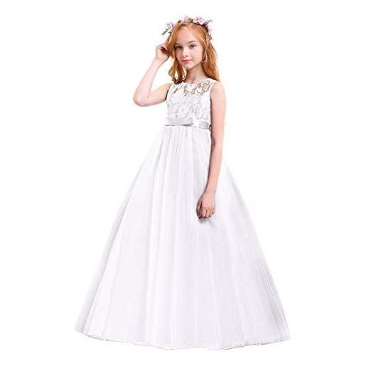 IBAKOM vestito da bambina con fiori in pizzo, per matrimonio, damigella d'onore, festa di sera, festa di compleanno, principessa, vestito lungo in tulle bianco 12-13 anni