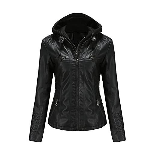 XTZLTY giacca da donna in ecopelle con cappuccio rimovibile, cappotto da motociclista da donna giacca da moto slim-fit cappotto casual con cerniera, nero, xl