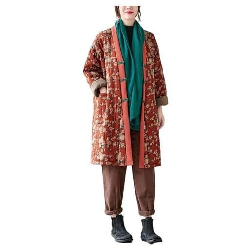 LCDIUDIU giacca invernale da donna kimono cappotti lunghi trapuntati sciolti, trench vintage con scollo a v rosso arancione fibbia stampa fiore di prugno trench casual in cotone caldo e lino capispalla con ta