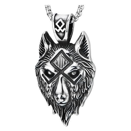 COOLSTEELANDBEYOND uomo acciaio inossidabile norvegese vichingo amuleto fenrir lupo annata testa di lupo ciondolo collana, con 75cm catena