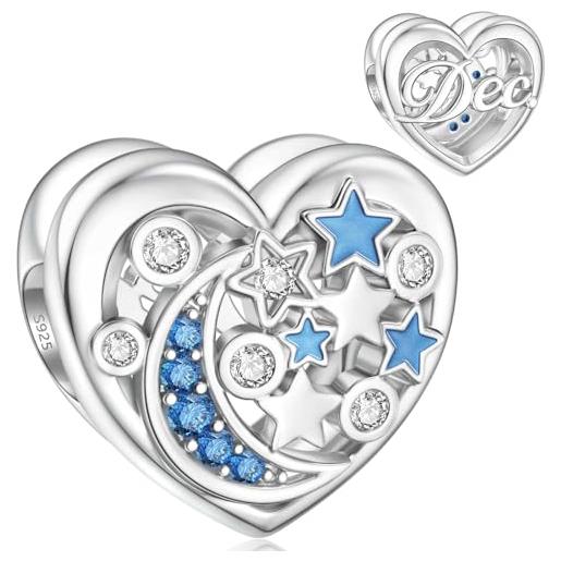 SEVENWELL charm con pietra portafortuna per pandora charm in argento sterling 925, con luna e stella, cuore, argento sterling, zirconia cubica