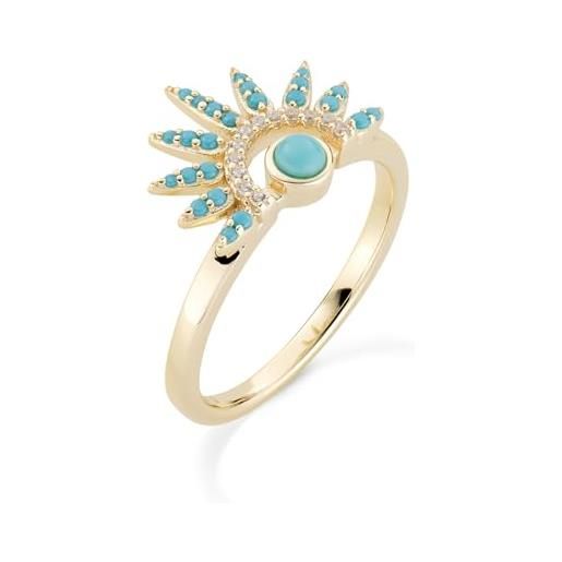 AMEN gioielli, anello con sole, anello argento 925 donna, dorato con zirconi turchesi, collezione maya, misura 12, regalo donna