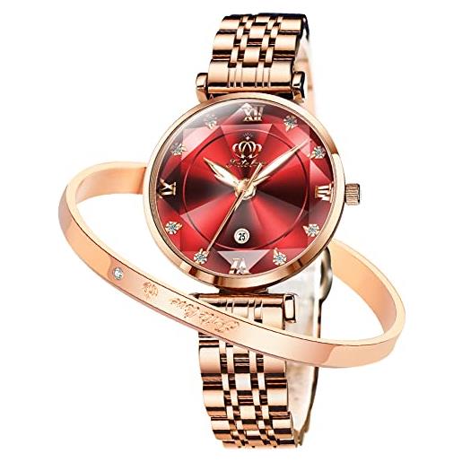 Fate Love orologi da donna uk bracciale set regalo orologi da polso per donna quarzo oro rosa acciaio inossidabile verde designer femminile, quadrante rosso. 