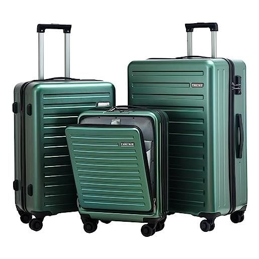 TydeCkare set di valigie da 3 pezzi 55/66/76 cm trolley da viaggio, 55 cm con tasca frontale, bagaglio rigido leggero in abs + pc, con lucchetto tsa e 4 ruote, cerniera ykk, verde scuro