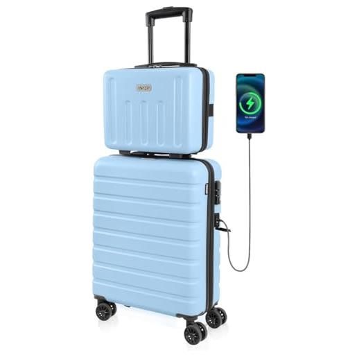 AnyZip set di 2 valigia e borsa da toilette, bagaglio a mano pc abs valigia trolley rigido ultra leggero con usb chiusura tsa e 4 ruote doppie girevoli (azzurro)